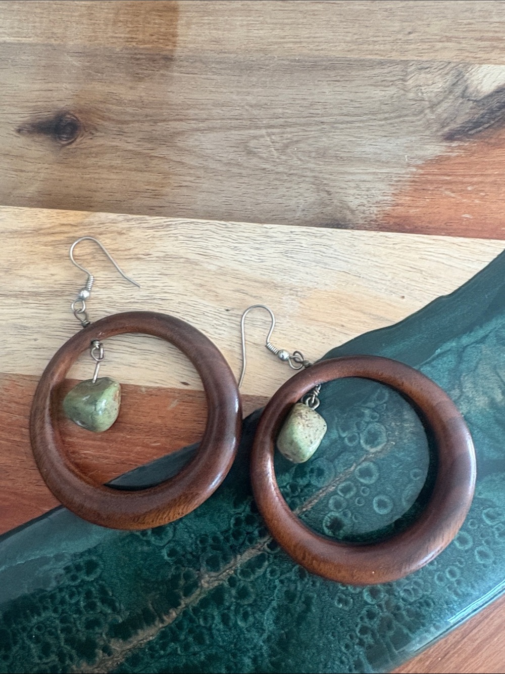 Wood Hoop Earrings with Green Stone Accent - Women Jewelry